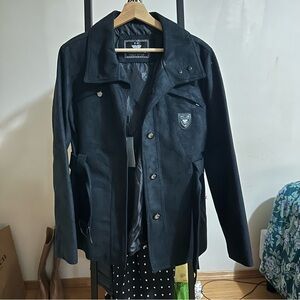 EA Collection Italy Style Men's Dark Blue Suede Leather Jacket Full Zip